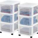 IRIS USA Plastic 3-Drawer Storage Organizer Rolling Cart, with Wheels Casters, 2-Pack, for Classroom Art Supplies Bathroom Dorm Bedroom Laundry Room, Slim Narrow, White/Clear