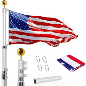 14 Gauge 20FT Telescoping Flag Pole Kit, Heavy Duty In Ground Telescopic Flag Poles with 3x5 American Flag, Outdoor Old Glory Flagpole Kits for Outside, Yard, Residential or Commercial (Silver)