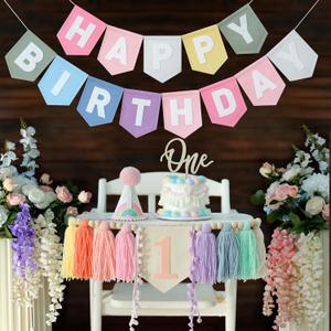 Pastel Macaron Rainbow High Chair Banner Felt Happy Birthday Banner Pre-Strung Birthday Party Decorations For 1st Girl Birthday Backdrop