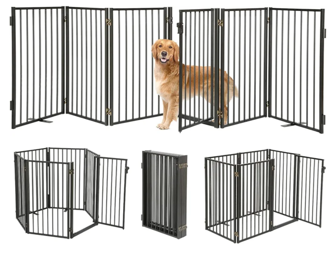 Metal Freestanding Dog Gates with Door for Outdoor Indoor,120'' Extra Wide 32'' Tall Free Standing Dog Gate for Doorways, Large Openings, Deck, Yard, Porch, Foldable Pet Fence (Black,6 Panels)