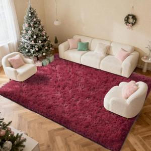 Cozy Winter Area Rug 8x10,Ultra Soft Plush Shaggy Rug Non Slip for Living Room/Bedroom,Kid/Pet Friendly,Modern Home Decor Carpet,Wine Red