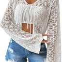 SweatyRocks Women's Tie Front Crop Cardigan Hollow Out Long Sleeve Lightweight Knit Tops (Large, White)