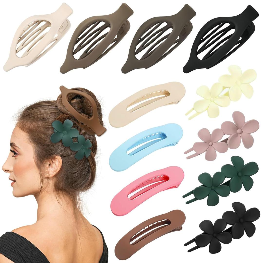 12 Pcs Multicolor Flat Hair Clips, YINGFENG Flat Claw Clip for Women, Matte Non-Slip Flower Claw Clips for Thin Thick Hair, Suitable for Women and Girls Wedding Party Accessories (Colorful)