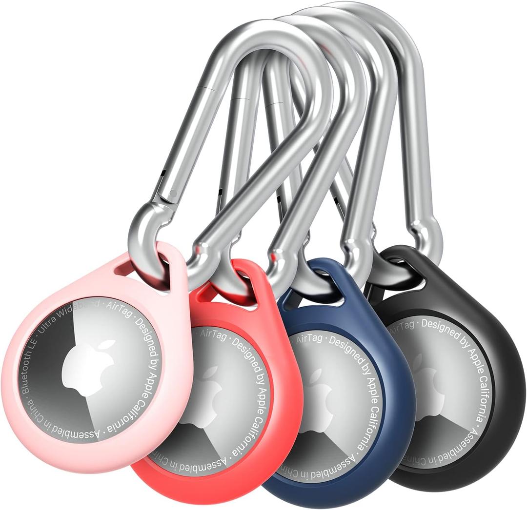 Vena Protective Silicone Case Compatible with Apple Airtag (4 Packs), Anti-Rust Aluminum Alloy Carabiner Perfect for Keychain, Pet Collar, Backpack, Luggage (Black, Red, Blue & Pink)