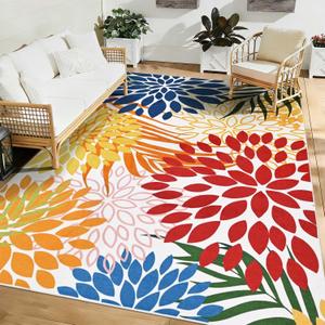 Yinhua Dahlia Floral Outdoor Rug 6x9 Colorful Indoor Outdoor Rugs Washable Patio Rug Non Slip Large Flower Area Rug Low Pile Outdoor Carpet for Patio, Deck, Porch, Balcony, Camping, Red and Blue