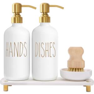 MOMEEMO Gold Soap Dispenser Set Comes with Stainless Steel Pumps, Instant Dry Tray, and Dish Scrub Brush, Suitable for Kitchen Decor and Accessories. (Gold)