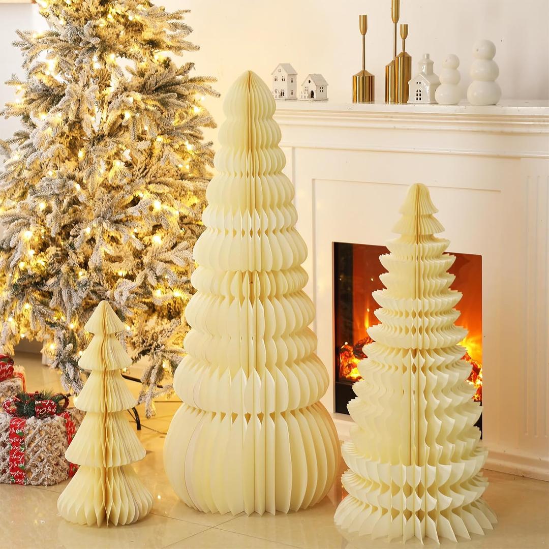 AmazingSpark 3 Pcs Large Honeycomb Christmas Tree - 4ft 3ft 2ft Paper Christmas Folding 3D Home Decoration Set with Magnetic Design for Winter Holiday Festive Party (Classic,White)