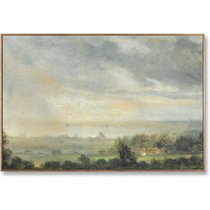 Vast Green Grassland Scenery Framed Canvas Wall Art, Classic Vintage Rural Landscape Oil Painting, Neutral Muted Farmhouse Nature Wall Decor for Living Room Bedroom Bathroom Home Interior 36L x 24W