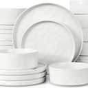 LIANYU 24 Piece Dinnerware Sets for 8, Stoneware Plates and Bowls Dish Set, Kitchen Dinner Ware Speckled Dining Dishware, Microwave & Dishwasher Safe, Polar White