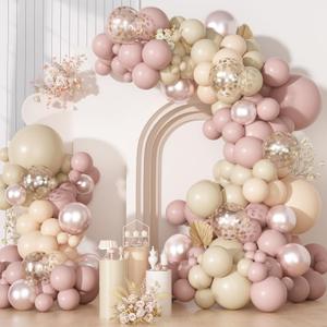 Ouddy Party Boho Dusty Pink Balloons Garland Arch Kit, Different Sizes 18 12 10 5 Inch Pastel Pink Sand White Pearl Latex Confetti Balloon for Baby Bridal Shower Birthday Women Girls Party Decorations