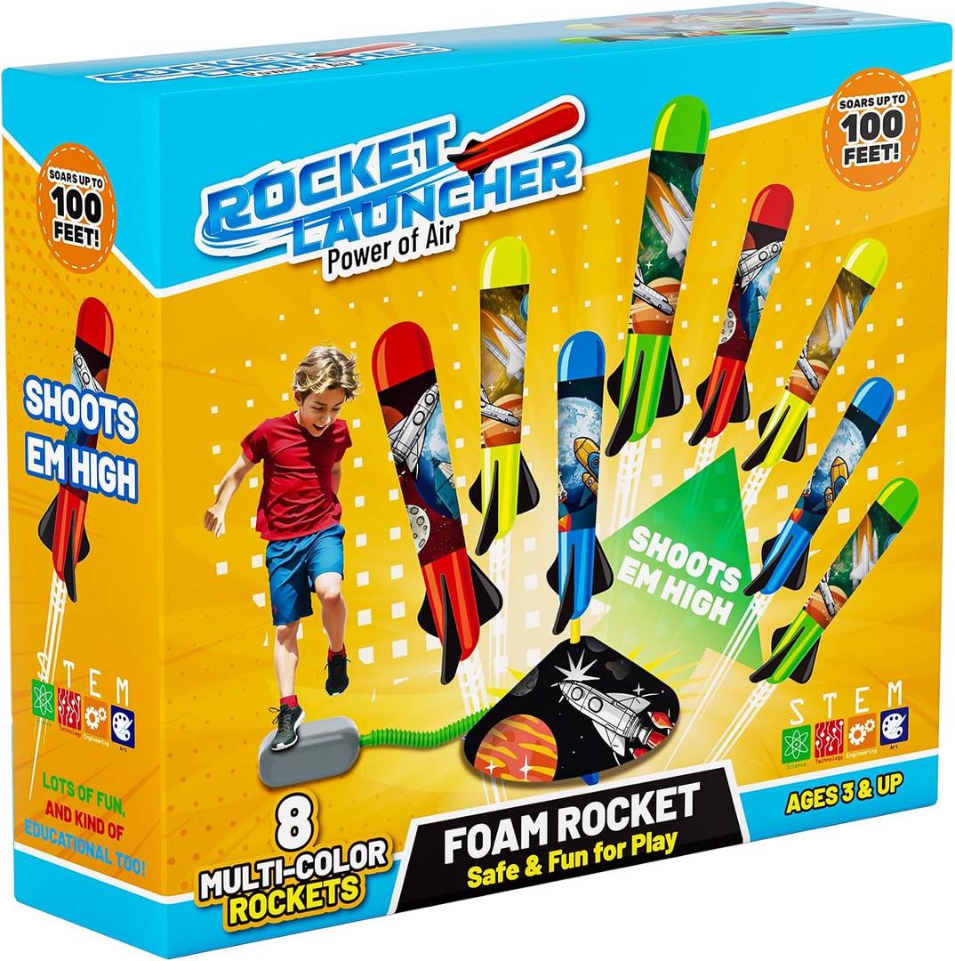 Otoseth Toys Rocket Launcher for Kids - Launch up to 100 Ft, 8 Multi-Color Foam Rockets & Adjustable Launch Stand, Kids Outdoor Toys, Age 3+, Toy Rocket Launcher-8p