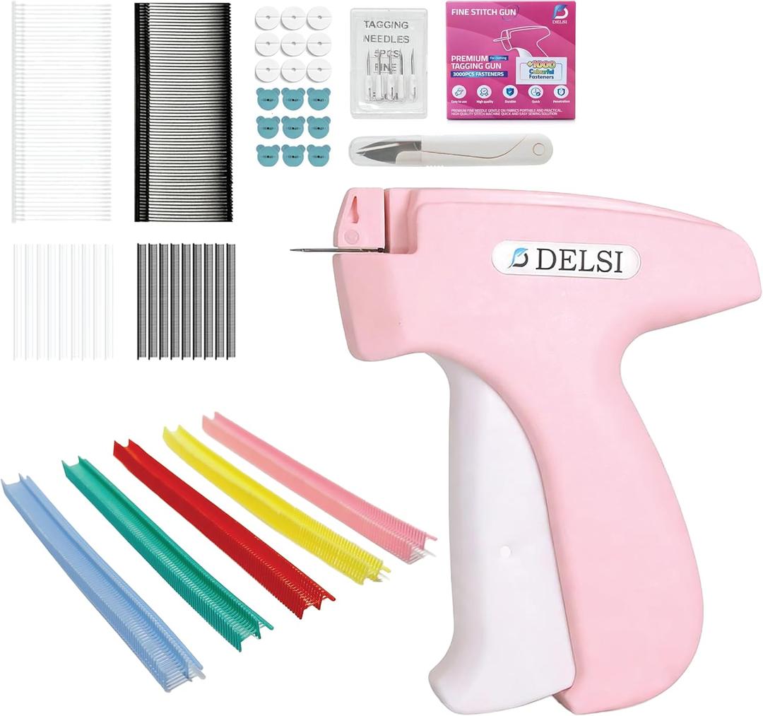 DELSI 9-in-1 Stitch Gun for Clothes, All-in-One Clothing Tagging Gun Kit with 6 Needles, 4000 Fasteners (25mm Black & White + 5mm Black, White & Colorful), 100 Silicon Buttons, Scissor & Manual (Baby Pink)