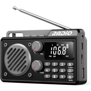 Portable Radio AM FM 1500mAh Rechargeable with Best Reception, Transistor shortwave Radio Wireless Bluetooth Speaker, with Large LCD Screen, Support TF Card U Disk, Earphone, Sleep Timer (Black)