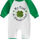 FOCUSNORM My First St. Patrick's Day Baby Girl Boy Outfit Clover Pattern Jumpsuit Romper Onesie Newborn Irish Day Clothes (6-12 Months, Cute Green)