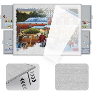 Puzzle Board 1500 Pieces,Jigsaw Puzzle Board with Adjustable Tilting Pole,Felt Surface and Cover,Grey Tilting Puzzle Board with Drawers