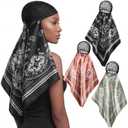 3 Pcs Wrap Hair Net with Scarf, Women Silk Press Head Wrap Netted Scarf 2 in 1 Easy-to-use for Silk Press & Nighttime Care, Styling, Sleep & Shower Cap(Retro Western,Orange Black Green)