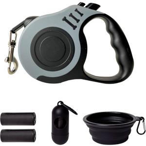 Retractable Dog Leash Automatic Telescopic Tractor Dog Tape, Pet Tape 10/16 FT Durable and Convenient, with Folding Bowl, Dispenser, Rubbish Bags, Suitable for Small and Medium Dogs (Gray Set)