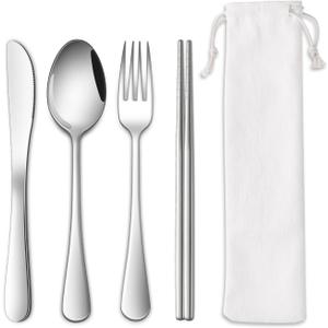 Travel Utentils Set With Pouch,Reusable Portable Camping Silverware Set Knife Spoon Fork Chopsticks For Picnic,Travel Accessories Gadgets,Picnic Essentials