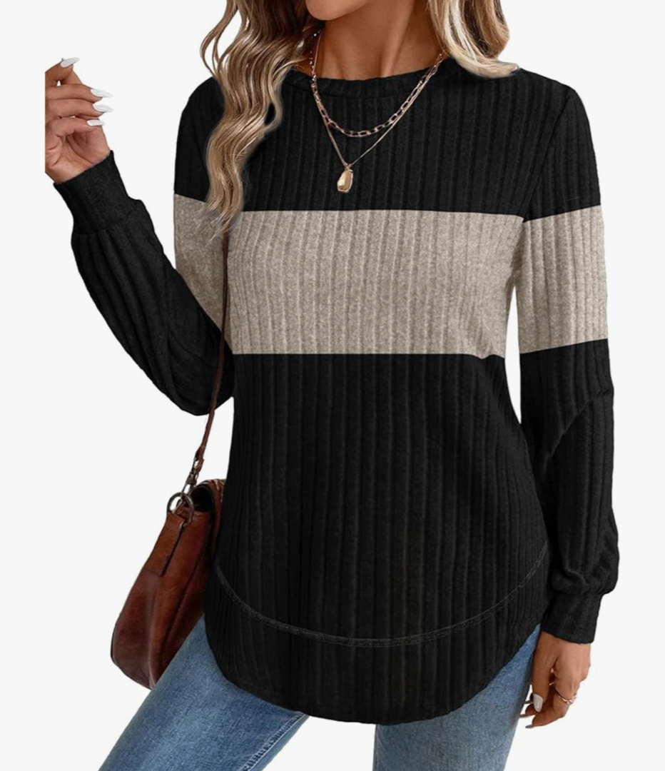 OFEEFAN Tunic Tops for Women Loose Fit Dressy Long Sleeve Shirts Womens Sweaters Crew Neck Fall Clothing with Curved Hem, Size M