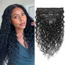 Water Wave Human Hair Clip in Extensions - Natural Black 1B Double Weft Kinky Curly for Black Women - 12 Inch 120g