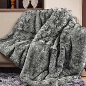 Touchat Luxury 1000GSM Faux Fur Throw Blanket Queen Size, Super Thick Warm Cozy Heavy Blankets for Couch Bed Sofa, Plush Fuzzy Elegant Winter Reversible Mink Blanket for Living Room Bedroom, White Grey (Queen-80"x80")