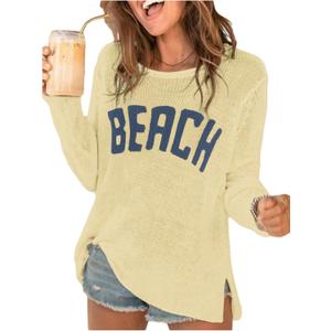 COZYEASE Women's Beach Cover Up Letter Print Long Sleeve Sweater Crew Neck Split Hem Crochet Jumper Top (X-Large, Yellow)
