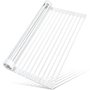 MERRYBOX Roll Up Dish Drying Rack, Silicone Wrapped Over The Sink Dish Rack Foldable Dish Drainer Anti-Slip Dish Racks for Kitchen Counter, Multipurpose Kitchen Sink Drying Rack, 18" x 13", White