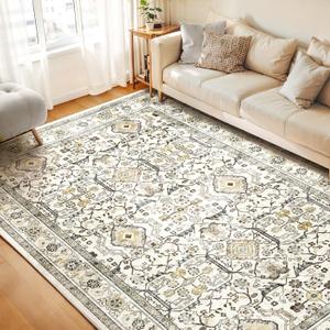 WITSHOCK Living Room Area Rugs 9x12: Washable Rug Boho Soft Non-Slip Low Pile Stain Resistant Foldable Carpet for Bedroom Playroom Dining Room Office Kitchen Farmhouse Home Decor Rug-Cream Color