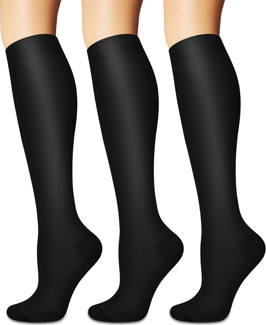 Compression Socks for Women and Men Circulation (3 Pairs) - Best for Nursing, Running, Travel Knee High Socks (Small-Medium, 01 Black)