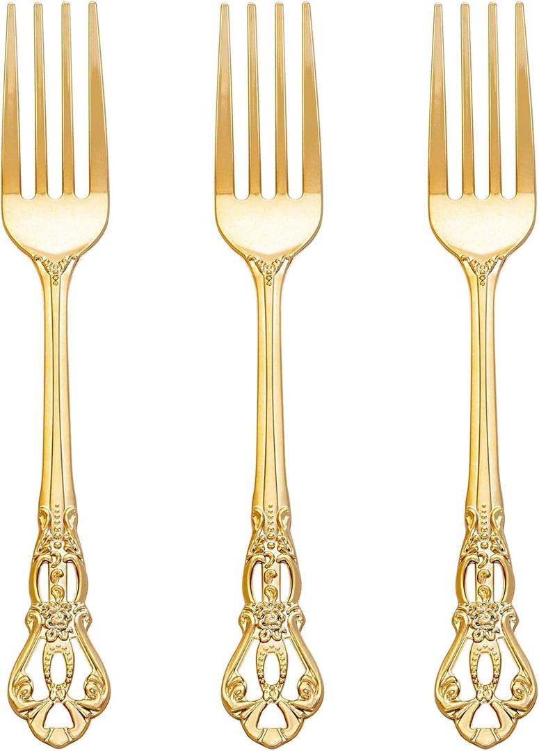 Joyido 150PCS Gold Plastic Forks - 8.1inch Gold Forks Disposable - Vintage Heavy Duty Dessert Forks - Premium Fancy Plastic Silverware for Parties, Weddings, Dinners and Events