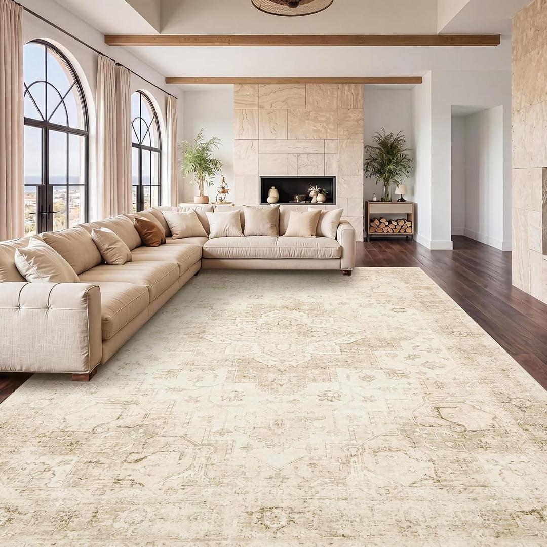 Garvee 9x12 Large Area Rug Vintage Boho Beige Washable Living Room Rug
Non Slip Neutral Medallion Carpet Soft Retro Low Pile Distressed Floor Mat for Dining Room Bedroom Office Indoor Home Decor