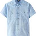 JOGAL Boys Chambray Shirts Short Sleeve Button Down Casual Cotton Woven Shirt with Two Pockets for Kids 8 Years (Blue)