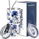 30 oz Tumbler with Lids and Straws Double Wall Insulated Tumbler Cup,Stainless Steel Vacuum Tumbler Powder Coated Travel coffee Mug for Cold and Hot Drinks,Blue and White Porcelain