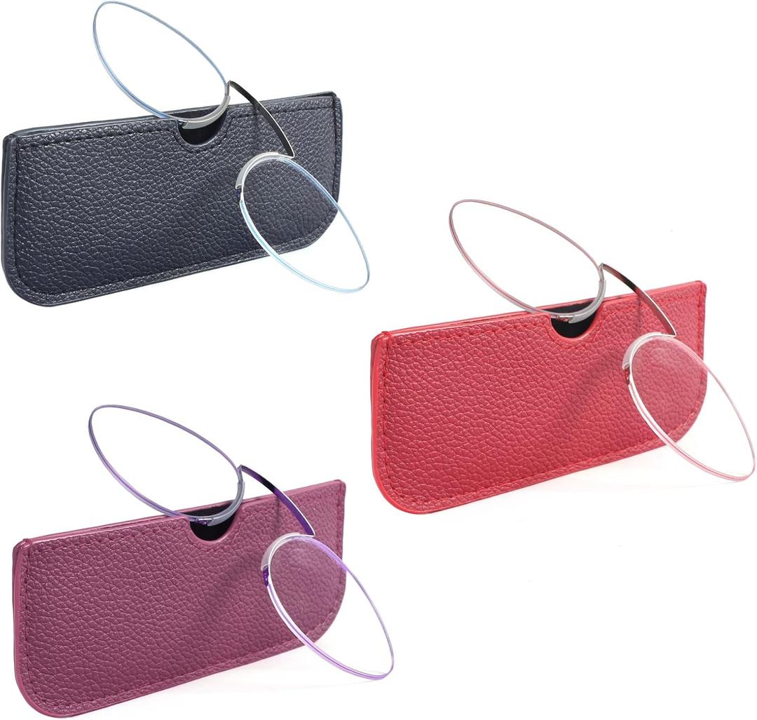 MMOWW 3 Pack Slim Armless Reading Glasses with Portable Cases for Women Men, Pocket Size Small Readers Comfortable Nose Pads (B2 - Blue/Red/Purple)