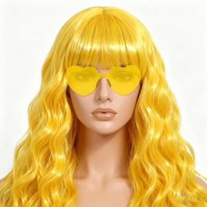 Long Curly Wave Wig with Heart Sunglasses and Hair Cap  Set of 3 | Colorful Colored Party Wigs Funny Costume Hairpieces for Halloween Cosplay (Yellow)