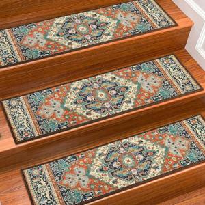 Stair Treads for Wooden Steps Indoor, 15 Pack 8" X 30" Non Slip Carpet Stair Treads with Reusable Adhesive for Kids Elders and Dogs, TPR Backing Stair Rugs Oriental Staircase Step Treads, Bohemia (Red)