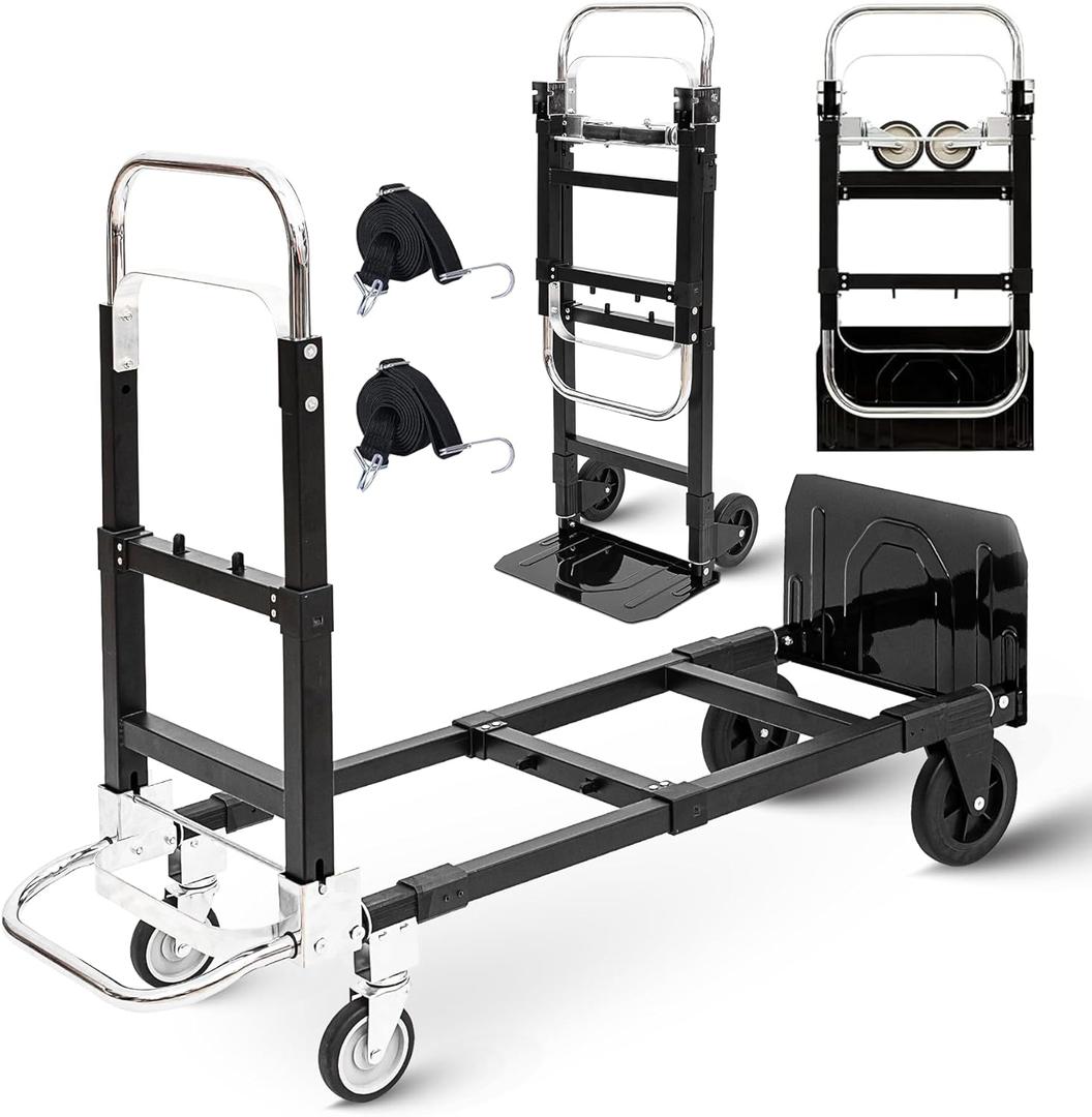 Upgraded 3 in 1 Folding Hand Truck, 600lbs Capacity, Heavy Duty Convertible Dolly with Retractable Handle and 4 Rubber Wheels, Collapsible Cart for Moving Home, Office, Warehouse (Black)