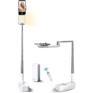 Selfie Stand with 360 Rotates Phone Holder, Foldable/Rechargeable/Wireless/Overhead Recording with 1000mah Battery for Live Stream/Make up/YouTube/Tiktok/Vlog, 7 Brightness LED Light(White)