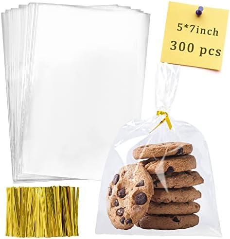 Labeol Cellophane Bags 300Pcs 5X7 Treat Bags with Ties Goodie Bag Clear Plastic Bag for Packaging Favor Gift Cookie Candy Bakery
