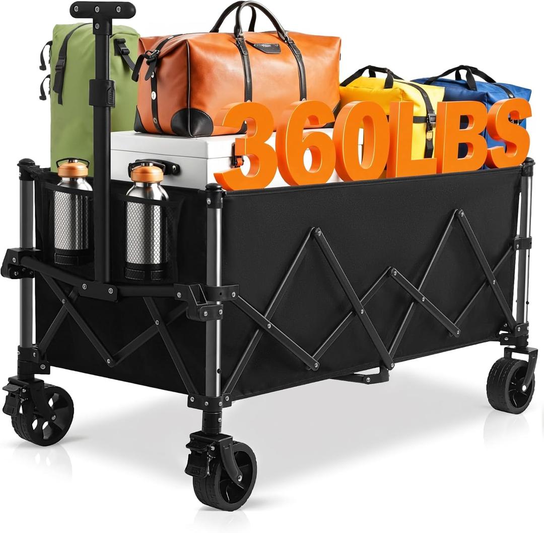 Favoyard Extra Large Collapsible Wagon Carts Foldable 220L & 360LBS Portable Folding Wagons with All-Terrain Wheels & Brakes Heavy Duty Outdoor Utility Carts for Grocery Camping Shopping Sports Garden (Black)