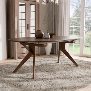 Furniture of America Nazaen V 78.5" Mid-Century Modern Solid Wood Live Edge Extendable Dining Table with Steel Support, Walnut Finish, Seats 68