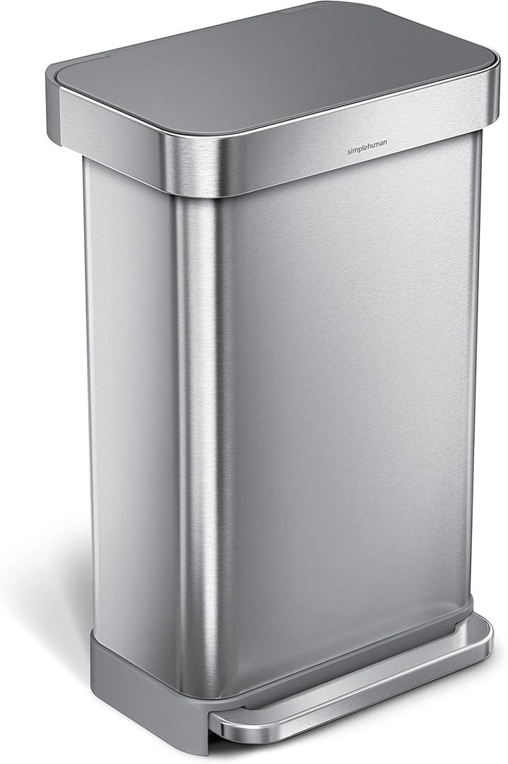 simplehuman 45 Liter / 12 Gallon Liter Rectangular Hands-Free Kitchen Step Trash Can with Soft-Close Lid, Brushed Stainless Steel with Plastic Lid