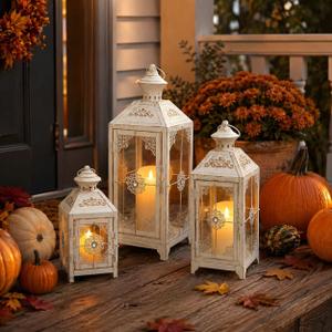 JHY DESIGN Set of 3 Decorative Candle Lantern 19.5" High Metal Vintage Hanging Lantern for Front Porch Home Patio Wedding Party, Festival Decorations(White with Gold Brush)