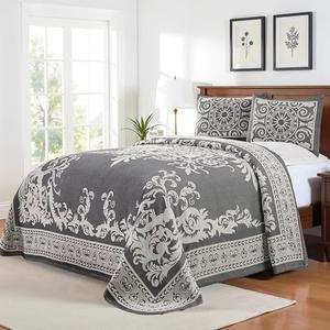 Superior Cotton Blend 3-Piece Bedspread Set, Oversized Bedspread, 2 Matching Pillow Shams, Light Weight Blanket, Jacquard Traditional Medallion Bedding Decor, Adalie Collection, Queen, Charcoal