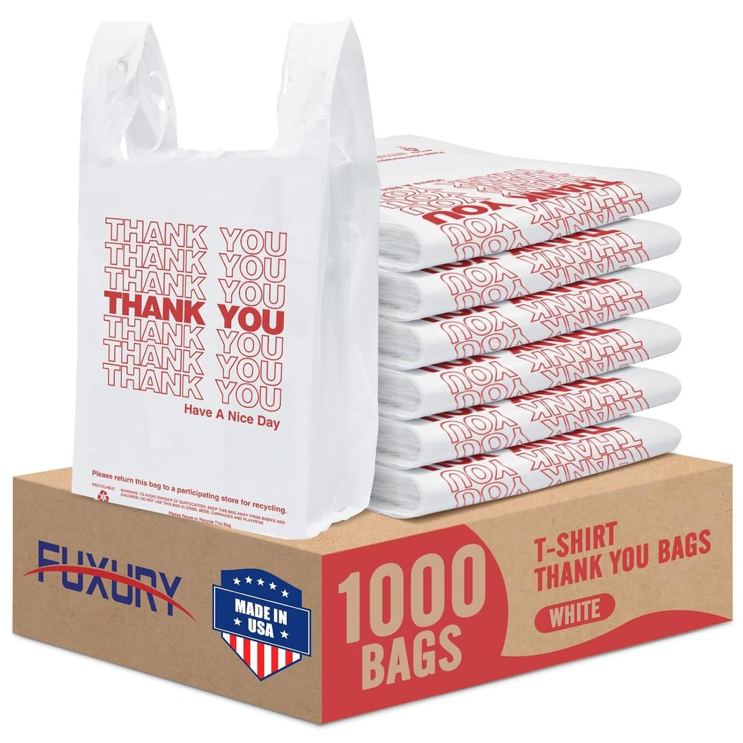 Fuxury 1000 Count Thank You Plastic Bags (11.5" x 6.5" x 21") White, T-shirt, Grocery, Take Out, To Go, Retail Shopping Bags in Bulk (Made in USA)