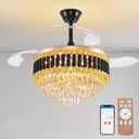 42'' Crystal Ceiling Fan Fandelier with Lights-Low Profile Flush Mount Ceiling Light with Fan, Reversible and Remote Control Black Ceiling Fan Light for Bedroom, Living Room