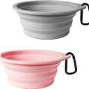 PetBonus 2-Pack Large Silicone Collapsible Dog Bowls, 34oz/1000ml BPA Free Portable Foldable Travel Bowl for Pet Cat, Food Water Feeding Dish for Camping with 2 Carabiners (Grey, Chalk Pink)