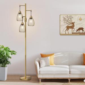 Dimmable Floor Lamp, 3 x 800LM LED Edison Bulbs Included, Farmhouse Industrial Floor Lamp Standing Tree Lamp with Elegant Teardrop Cage Tall Lamps for Living Room Bedroom Office Dining Room-Brass (Brass-70 Inches)