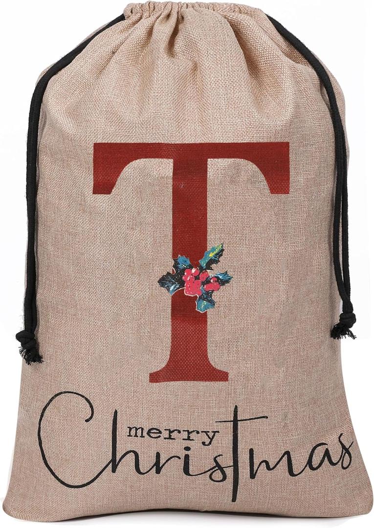 Subyan 27 x 23 Inch Burlap Christmas Gift Bag, Extra Large Reusable Personalized Monogram Letter Santa Sack with Drawstring for Xmas Party Decorations(Letter T)