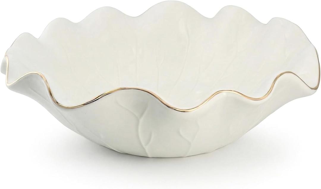 10 Inch White Shallow Handmade Ceramic Lotus Leaf Bowl with Gold Rim, Large Decorative Fruit Bowl for Kitchen Counter, Coffee Table Decor, Dining Table Centerpiece & Entryway Key Bowl